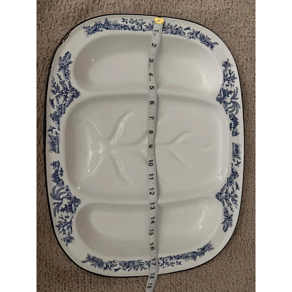 Vintage Blue Willow Enamelware Divided Meat Platter Tree and Well 18 Inch Tray
